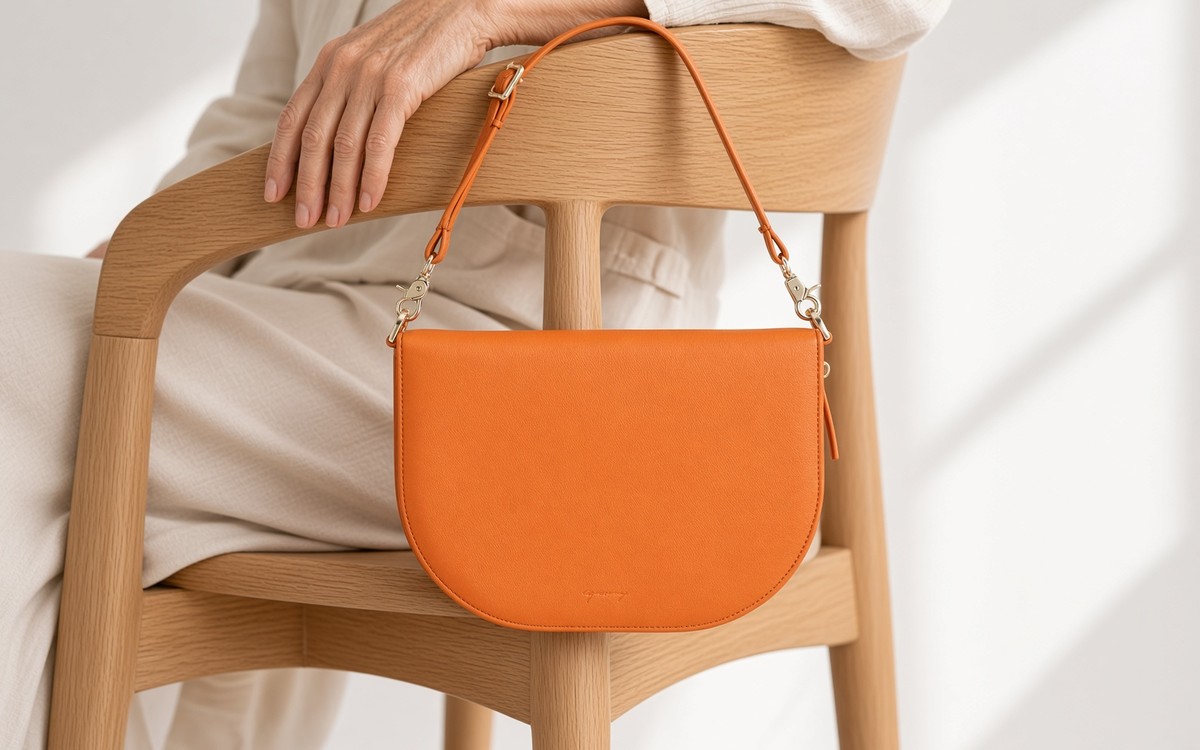 Orange half-moon EGOSUNNY planner bag hanging on a chair