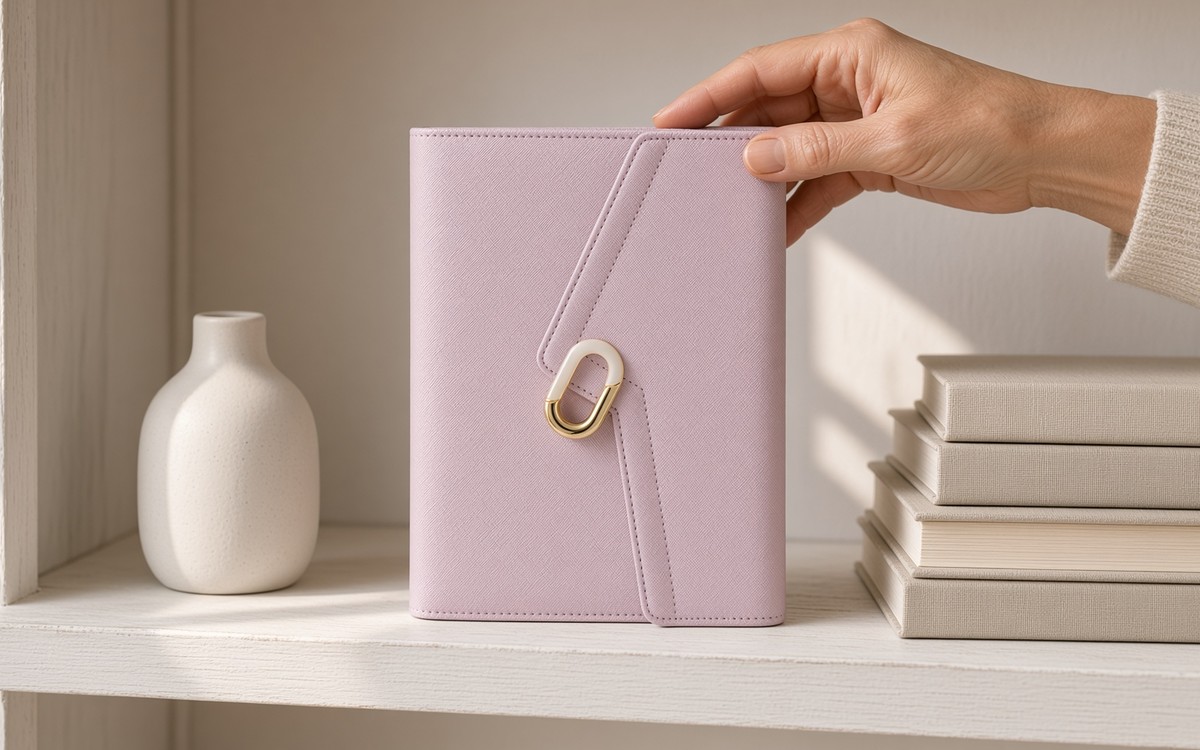 Pink EGOSUNNY clutch-style planner with an oval ring clasp on a shelf