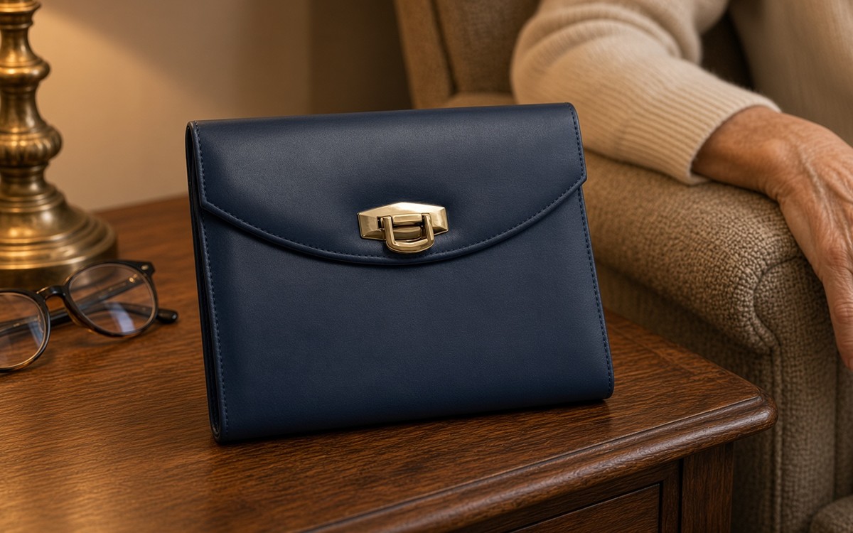 Navy EGOSUNNY planner with a gold clasp on a side table