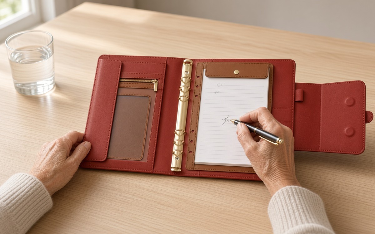 Hand ticking a short list in an open red EGOSUNNY planner