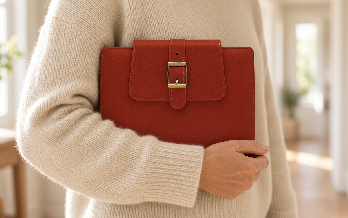 Woman carrying a red EGOSUNNY planner under her arm