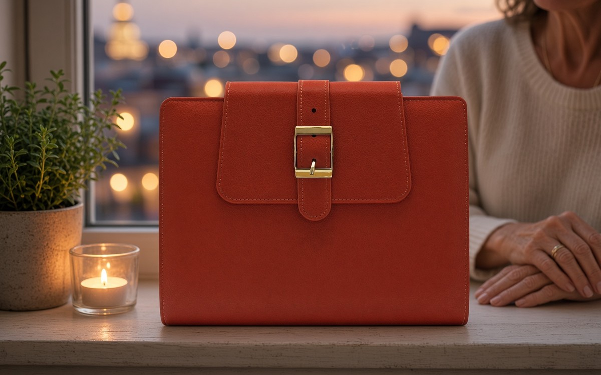 Red EGOSUNNY planner on a windowsill at dusk