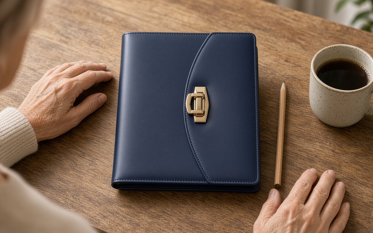 Woman writing a study plan in an open navy EGOSUNNY planner