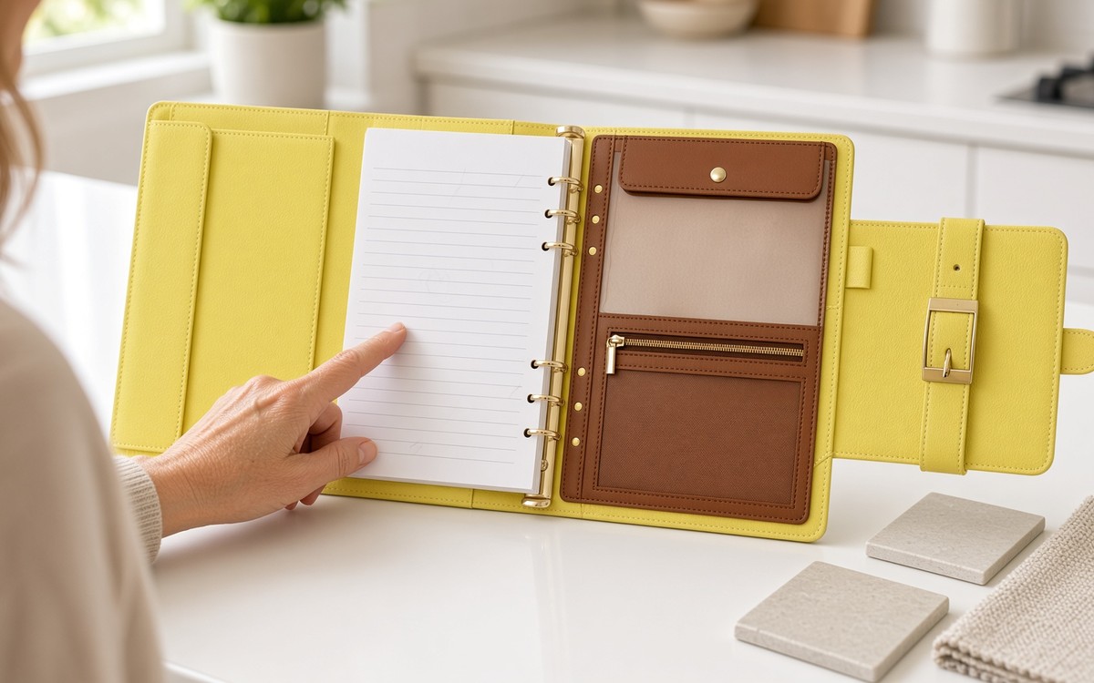 Open yellow EGOSUNNY planner beside tile and fabric samples
