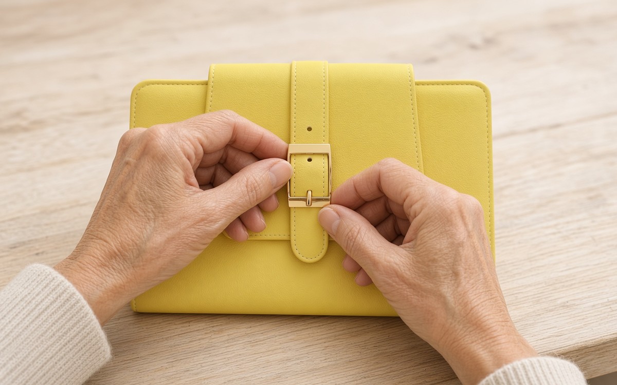Hands fastening the buckle of a yellow EGOSUNNY planner