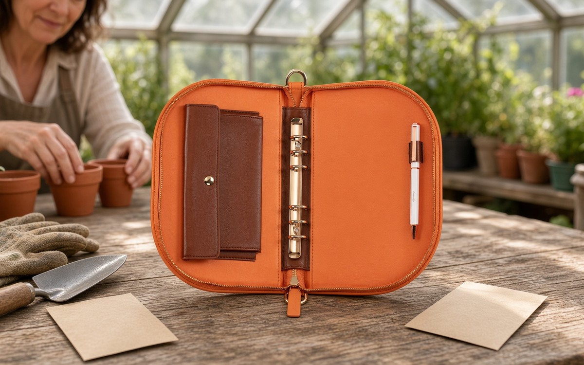 Open orange EGOSUNNY planner on a greenhouse potting table