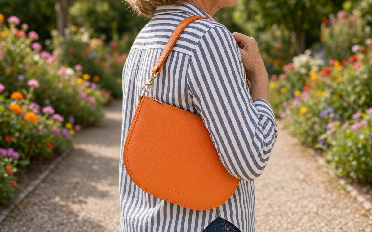 Woman wearing an orange EGOSUNNY planner bag in a garden