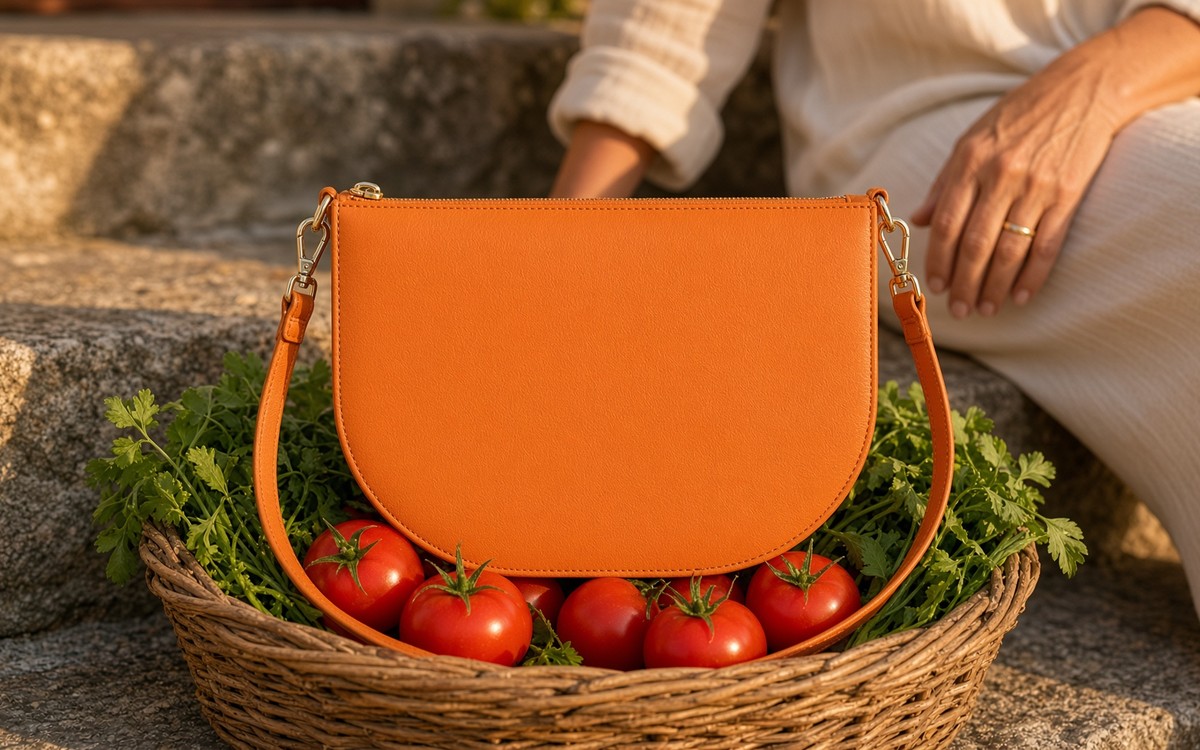 Orange EGOSUNNY planner bag beside a basket of garden produce