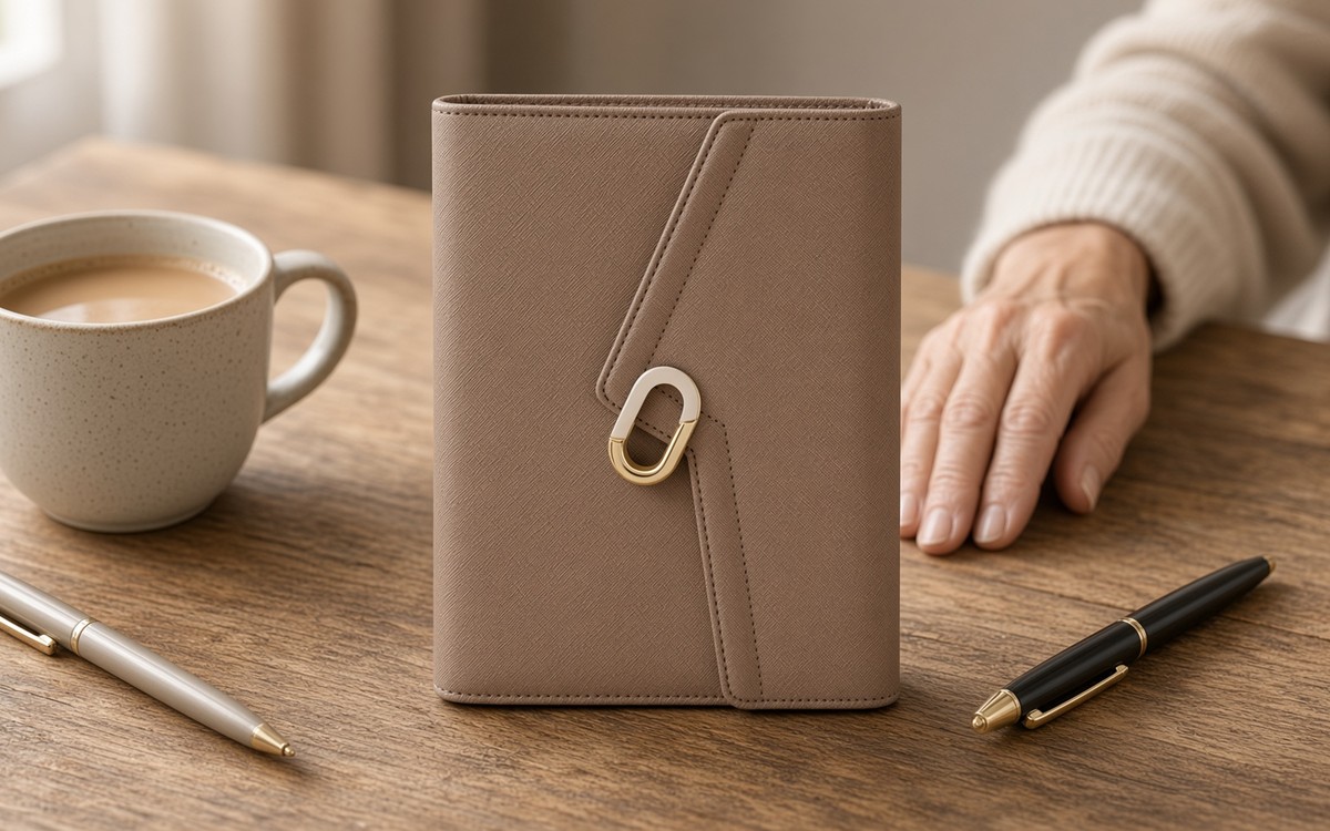 Woman jotting date night ideas in a brown EGOSUNNY planner