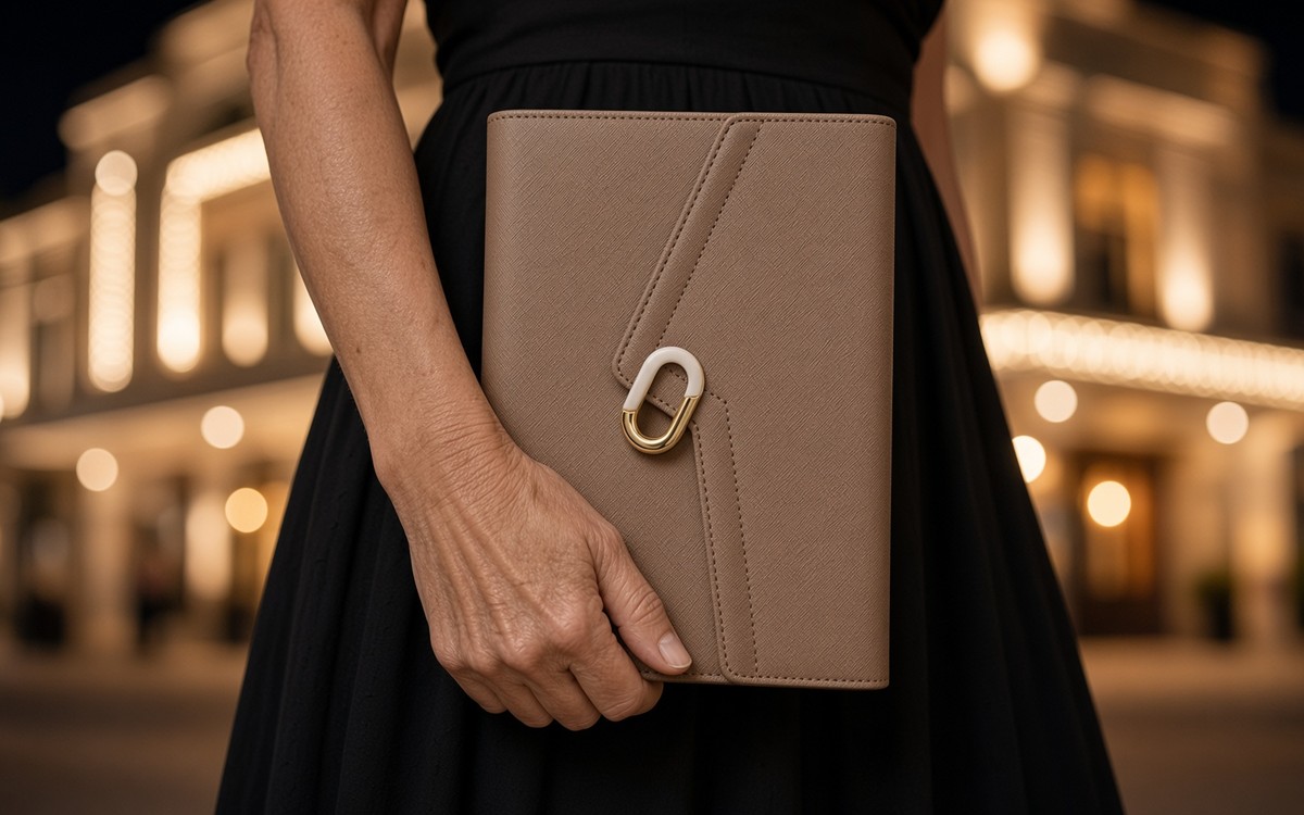 Woman holding a brown EGOSUNNY planner like a clutch at night