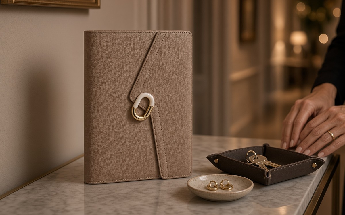 Brown EGOSUNNY planner on a hallway console with earrings