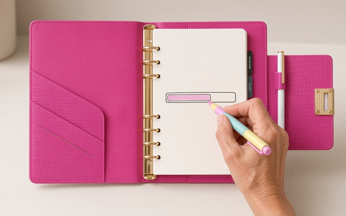 Hand shading a savings progress bar in an open pink EGOSUNNY planner