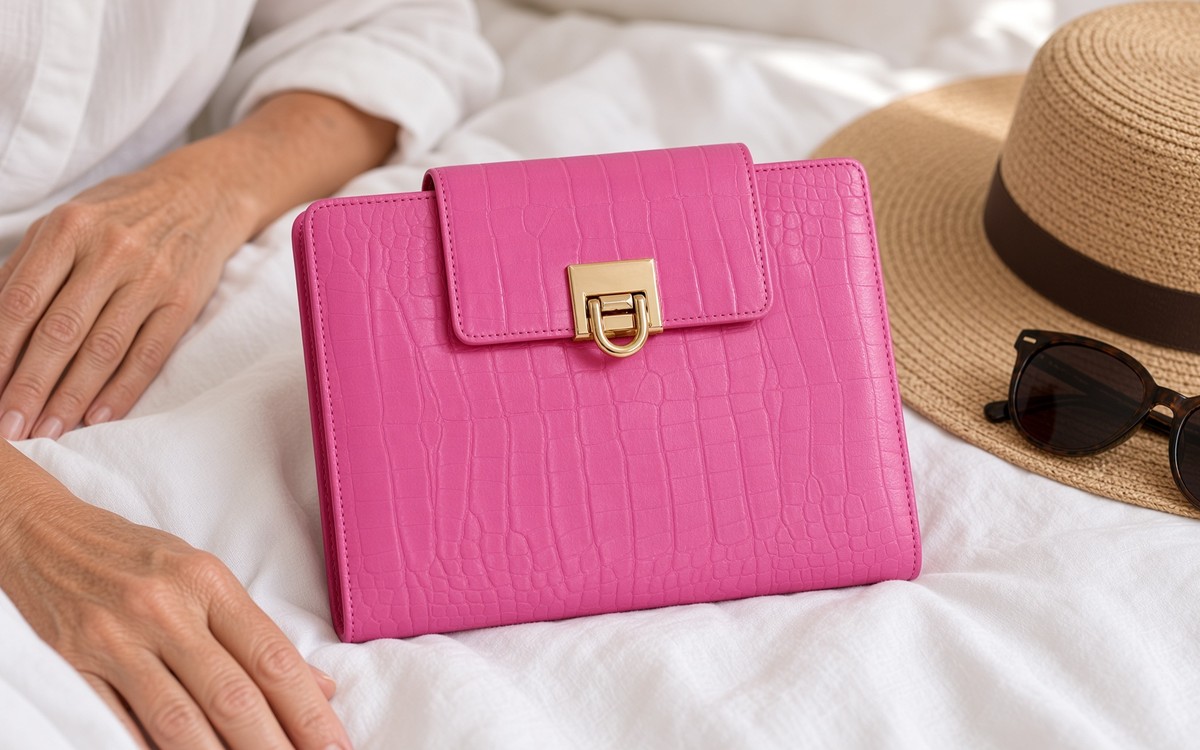 Pink EGOSUNNY planner on a bed with a sun hat and sunglasses