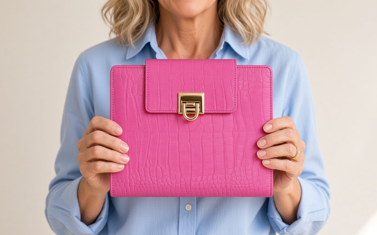 Woman holding up a pink EGOSUNNY planner