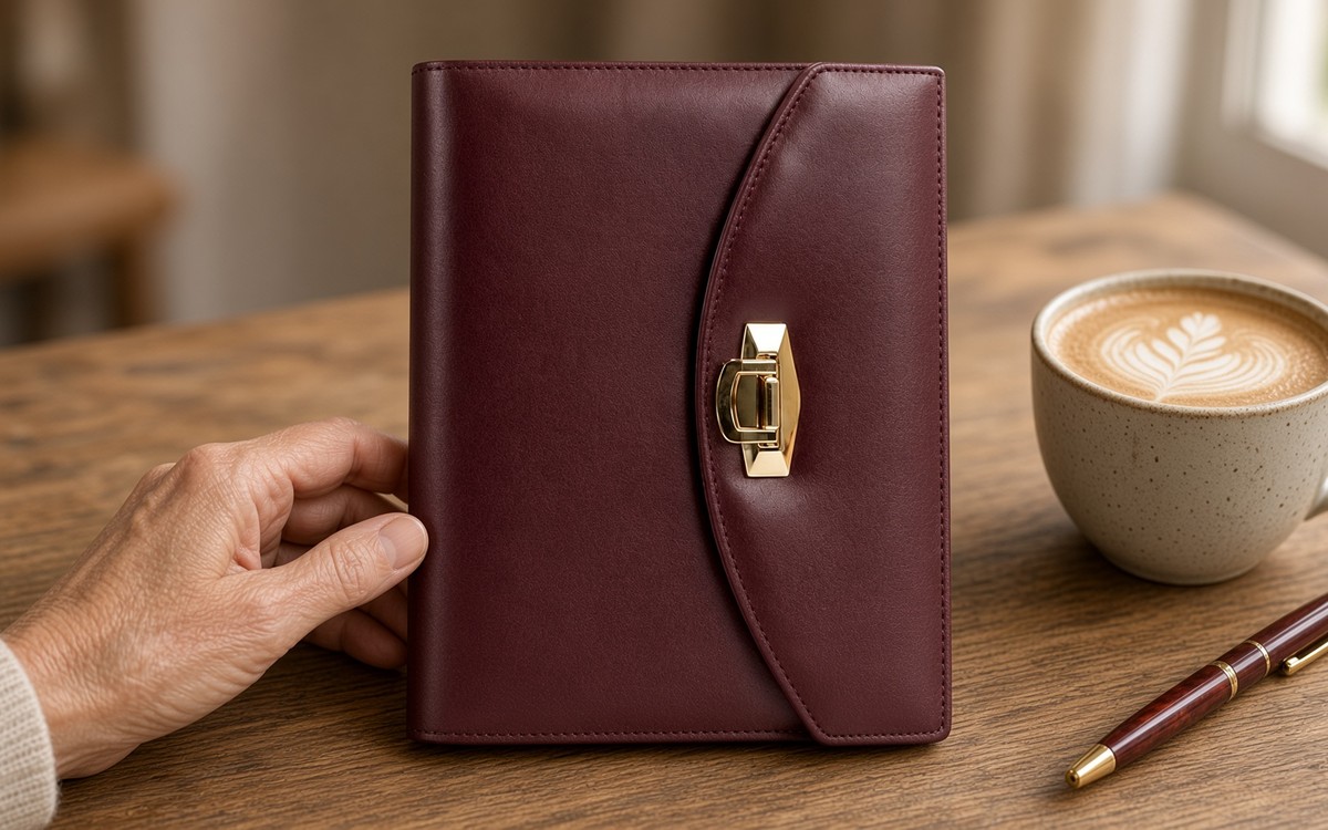 Woman noting a new contact in an open wine-red EGOSUNNY planner