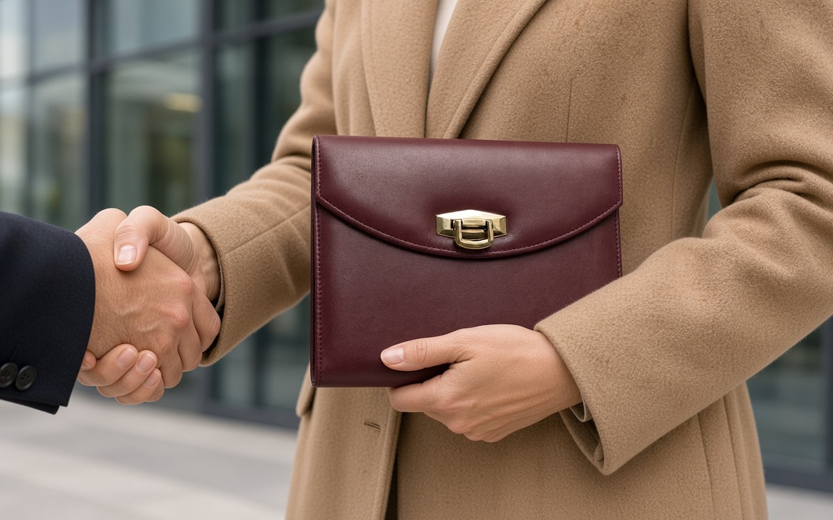 Woman with a wine-red EGOSUNNY planner shaking hands