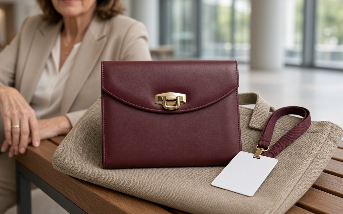 Wine-red EGOSUNNY planner on a tote bag at an event foyer