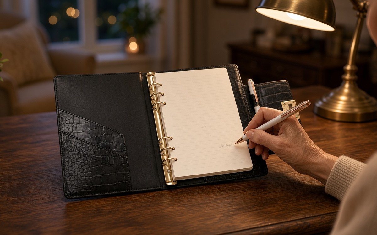 Woman preparing review notes in an open black EGOSUNNY planner