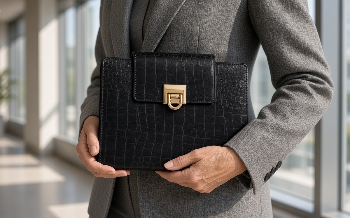 Woman in a blazer carrying a black EGOSUNNY planner