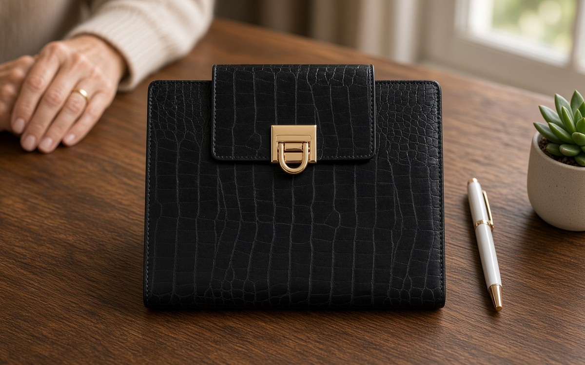 Close view of a black EGOSUNNY planner and its gold clasp
