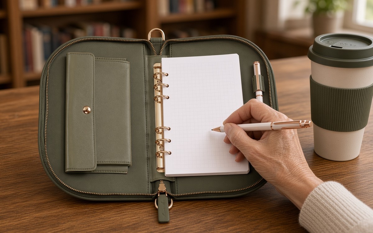 Woman planning a volunteer rota in an open olive EGOSUNNY planner