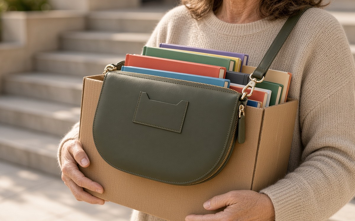 Woman with an olive EGOSUNNY planner bag carrying donated books