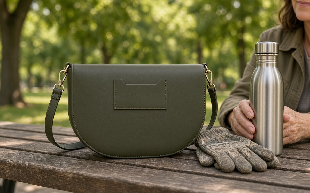 Olive EGOSUNNY planner bag on a park bench after volunteering