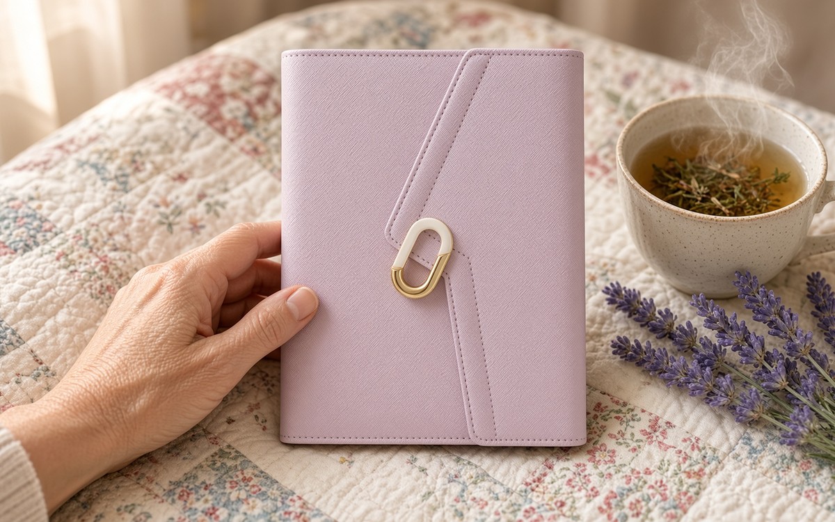 Woman writing a weekend list in an open pink EGOSUNNY planner