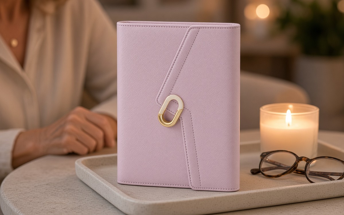 Pink EGOSUNNY planner on a tray with a candle in the evening