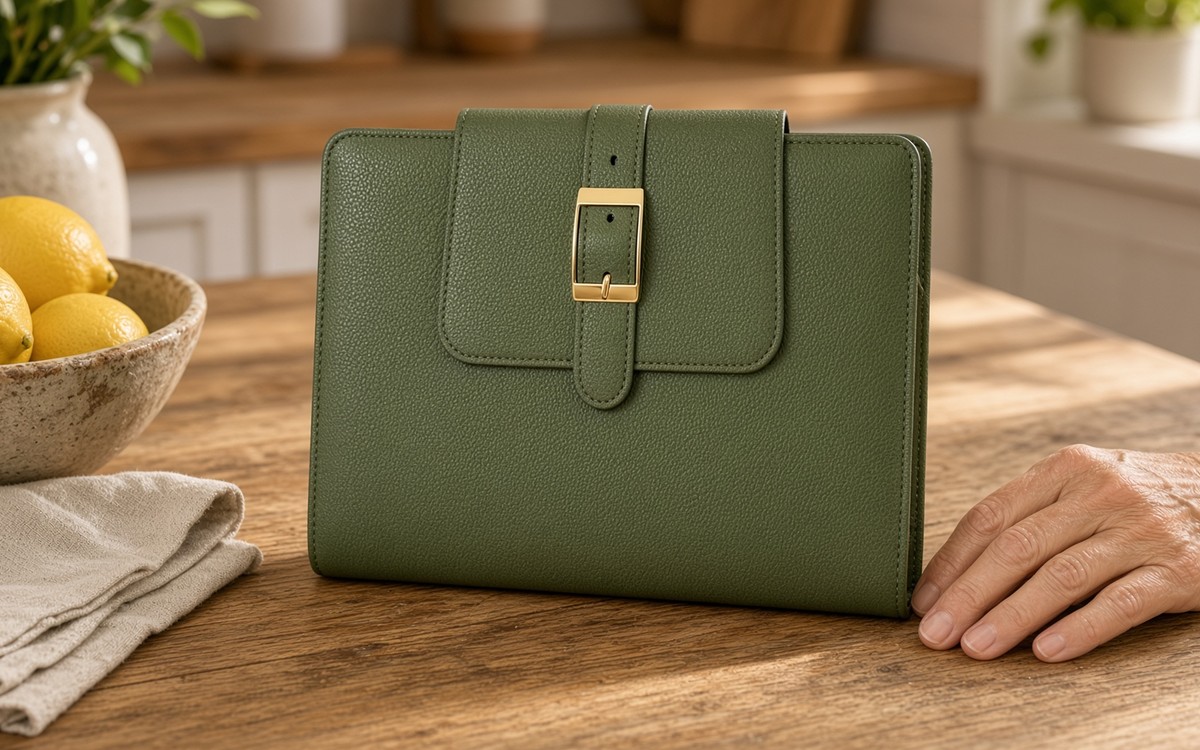 Woman writing a menu in an open green EGOSUNNY planner