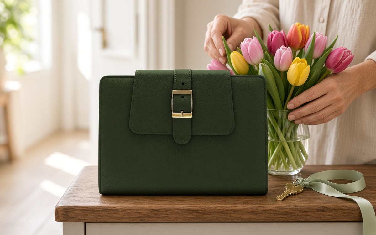 Green EGOSUNNY planner on an entry bench with fresh tulips