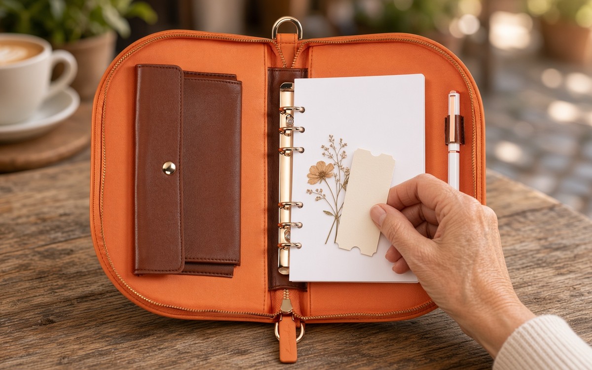 Hand tucking a keepsake into an open orange EGOSUNNY planner