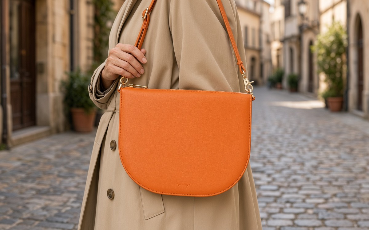 Woman with an orange EGOSUNNY planner bag on a cobbled street