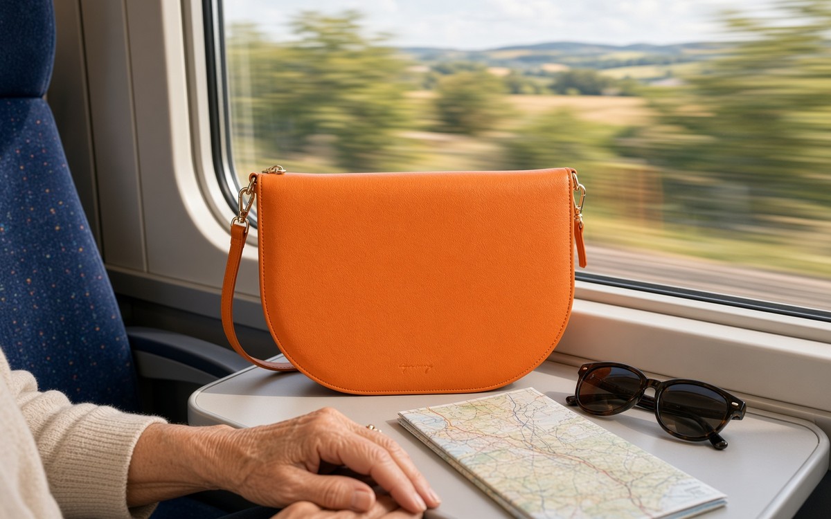 Orange EGOSUNNY planner bag on a train seat with a map