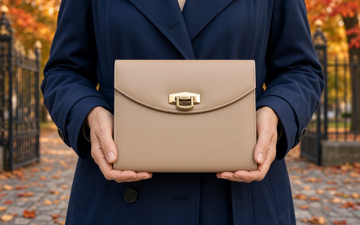 Woman holding a beige EGOSUNNY planner at a school gate
