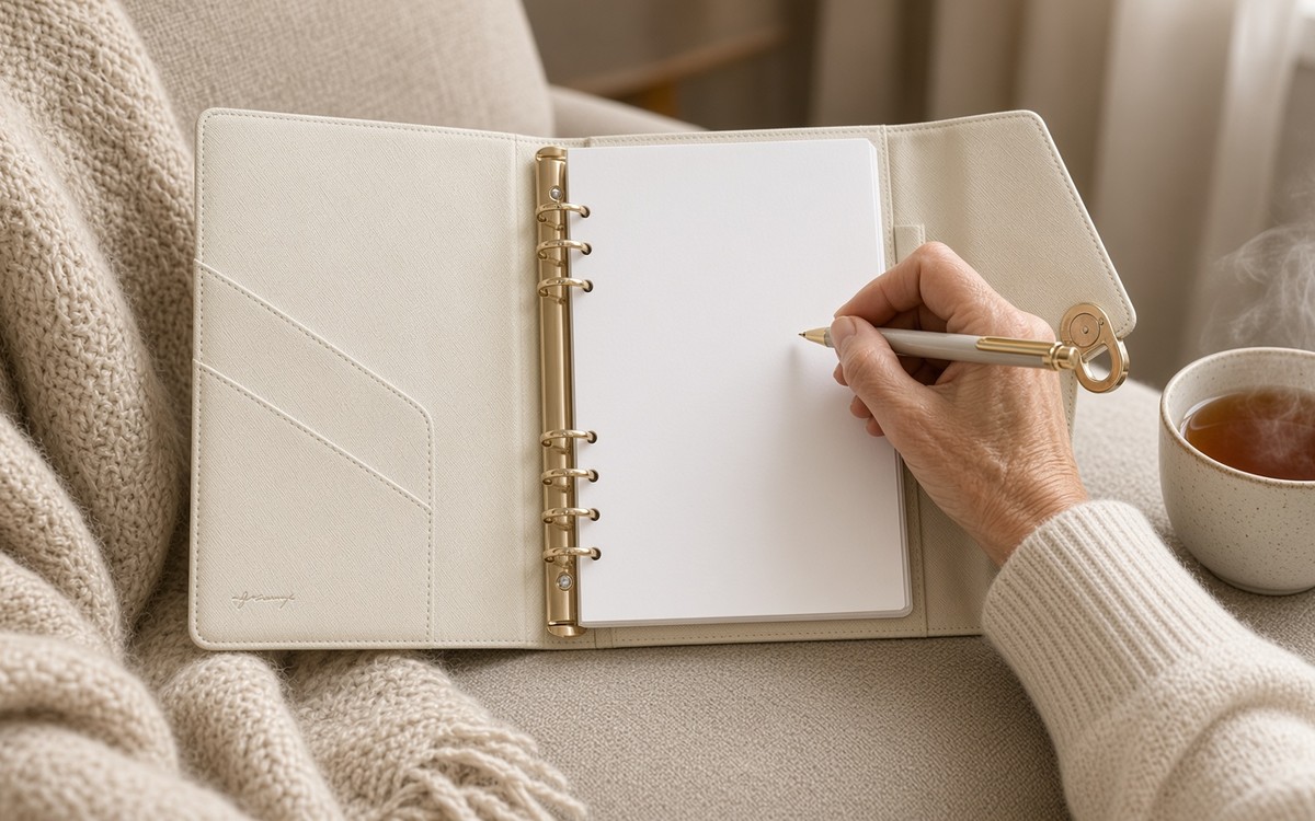 Woman writing in an open cream EGOSUNNY planner in an armchair