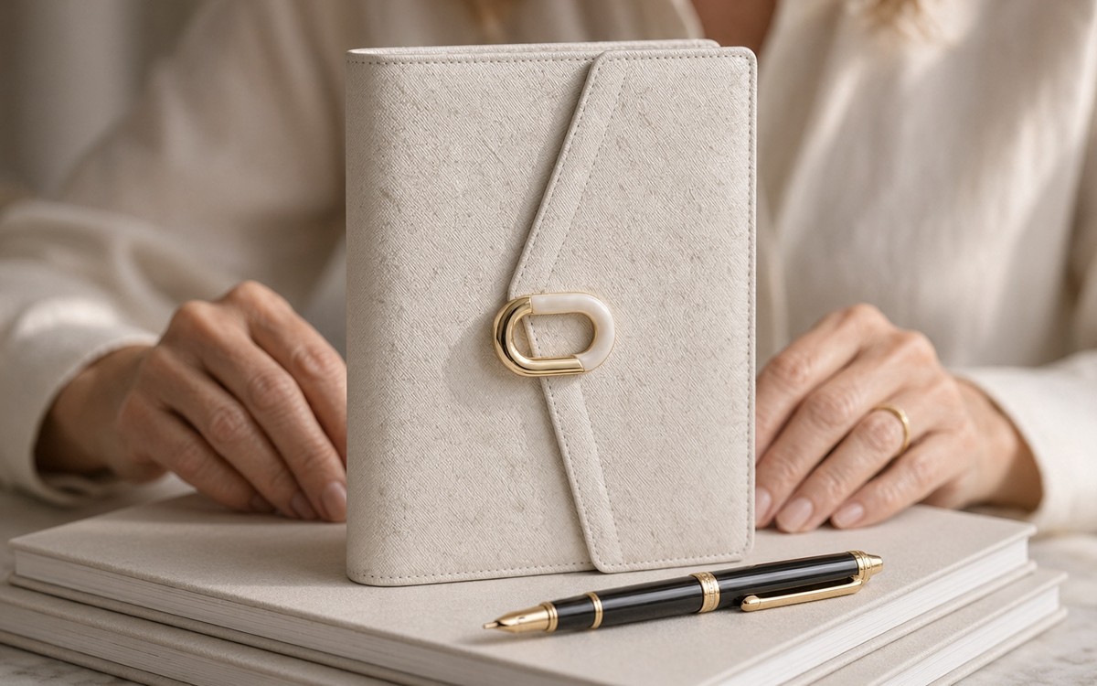 Close view of a cream EGOSUNNY planner and its oval ring clasp