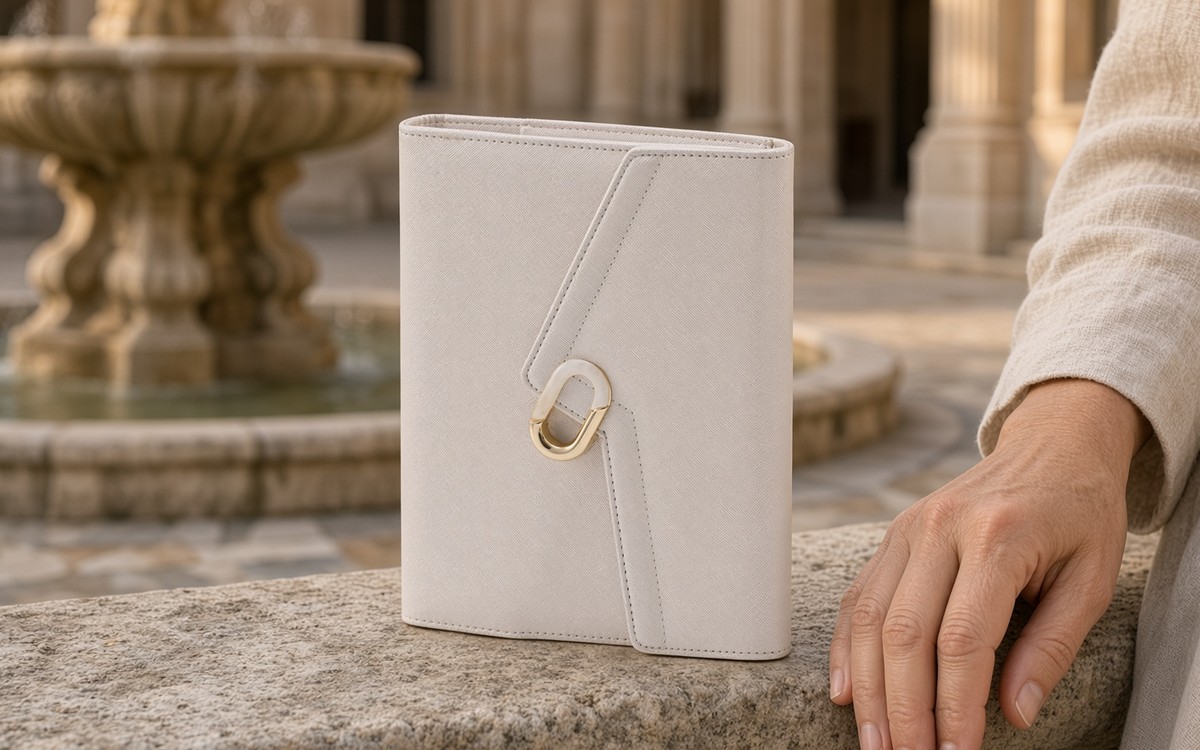 Cream EGOSUNNY planner on a courtyard bench