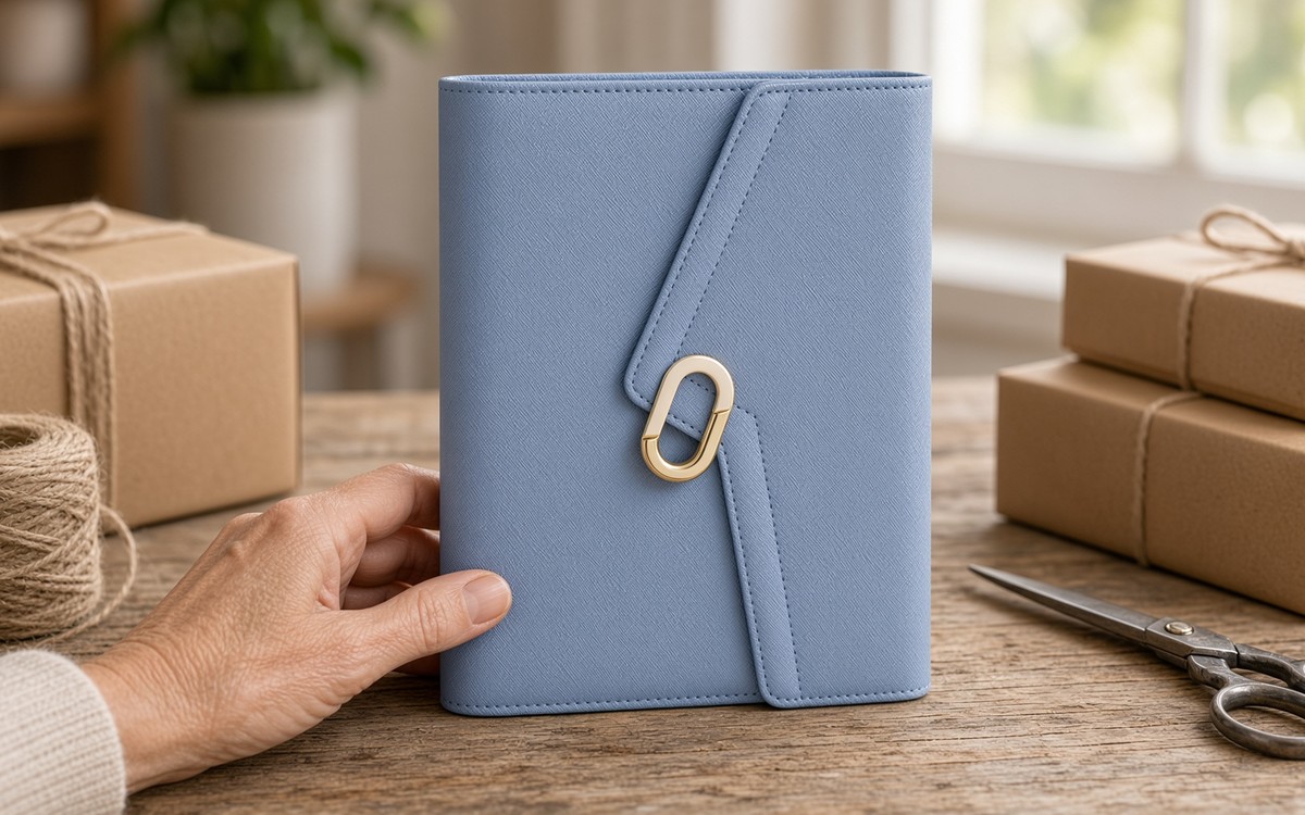 Woman writing an order list in an open blue EGOSUNNY planner