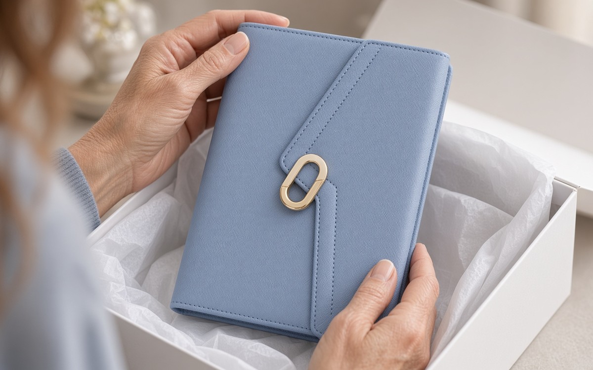 Blue EGOSUNNY planner being unwrapped from a gift box