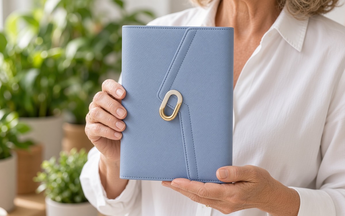 Woman holding a blue EGOSUNNY planner in a co-working space