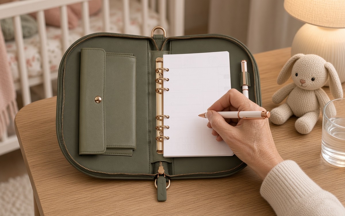 Woman writing in an open olive EGOSUNNY planner in a nursery