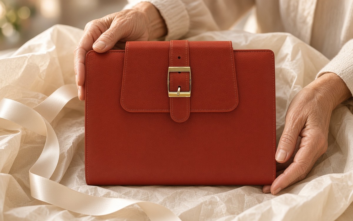 Hands unwrapping a red EGOSUNNY planner gift