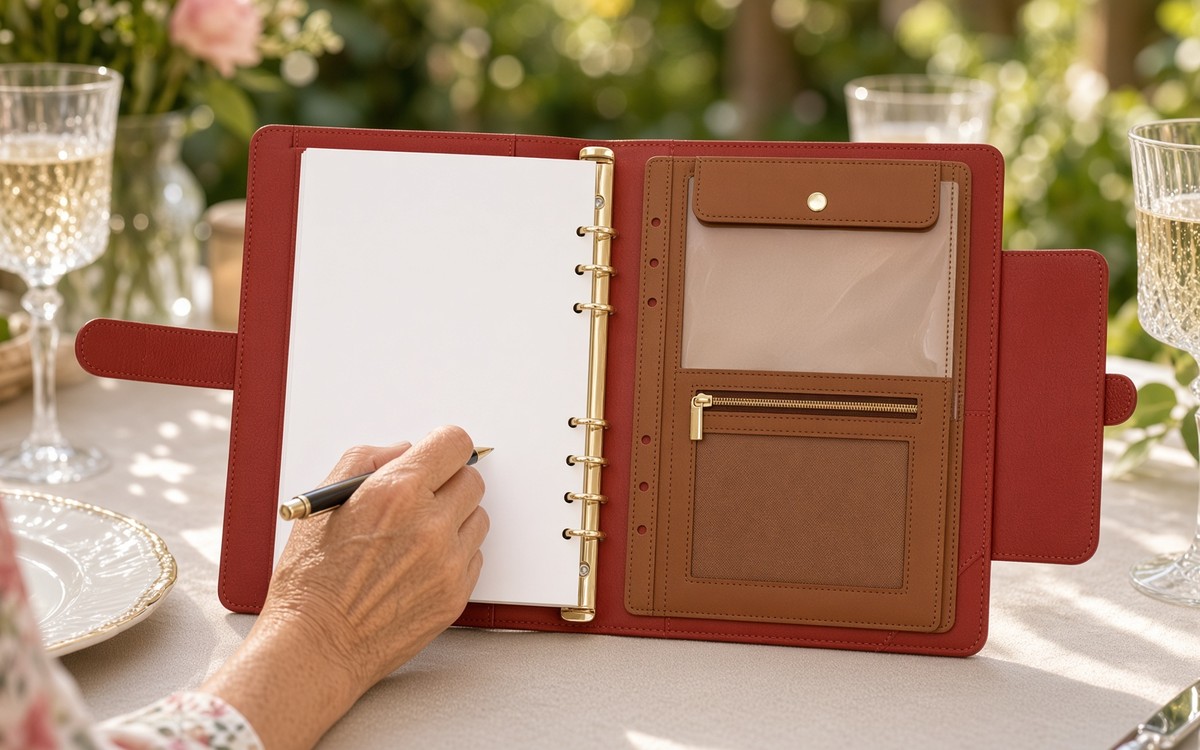 Woman writing in an open red EGOSUNNY planner at a celebration