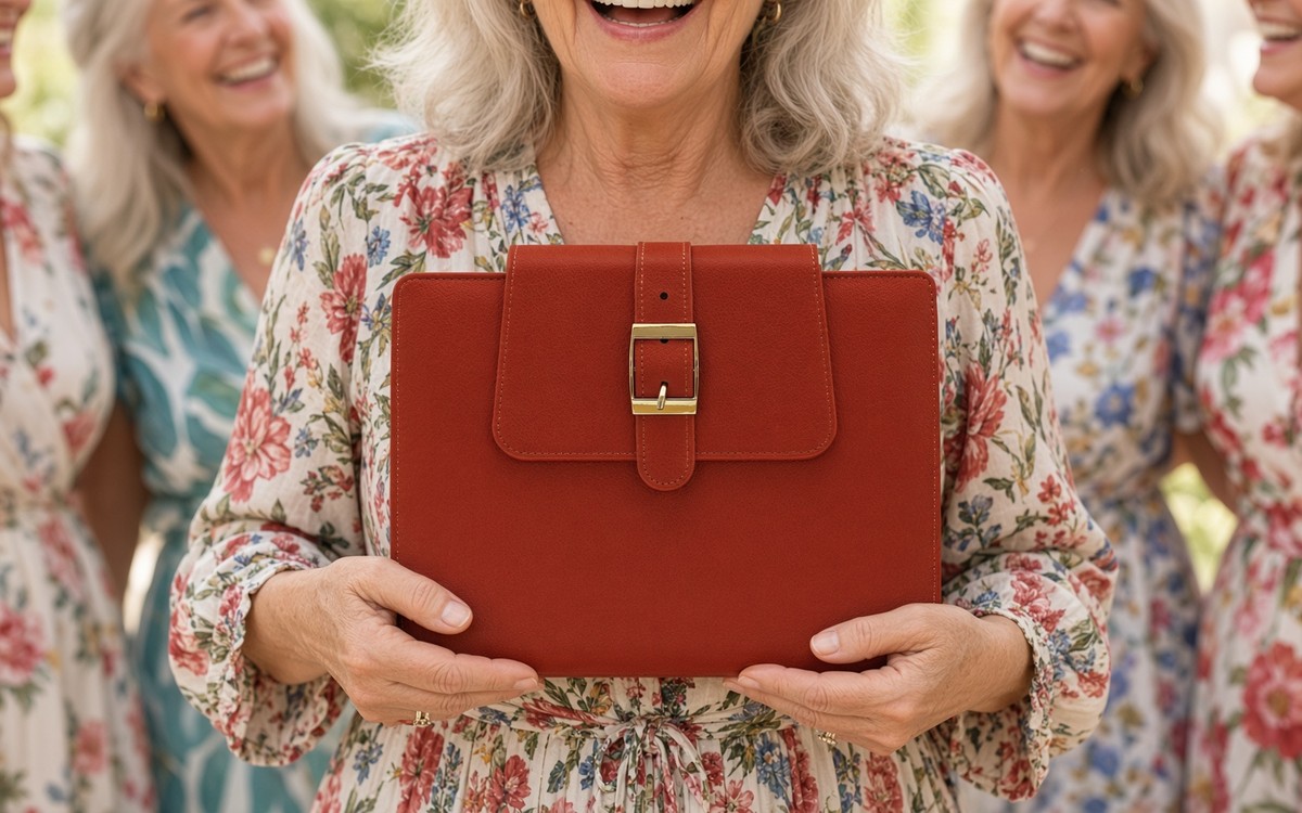 Woman in her fifties holding a red EGOSUNNY planner at a party