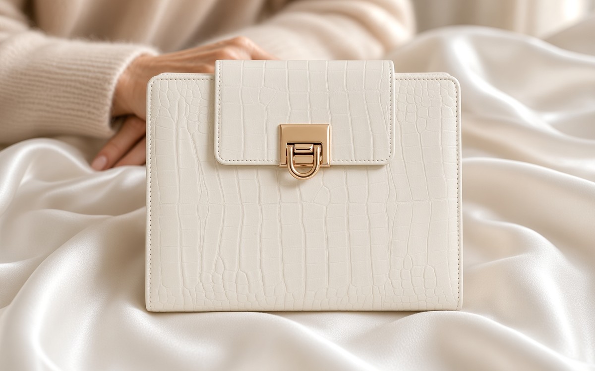 Close view of the textured finish and gold clasp of a cream EGOSUNNY planner