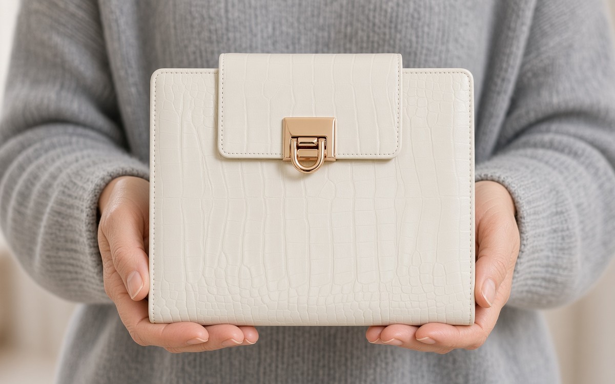 Woman offering a cream EGOSUNNY planner as a gift