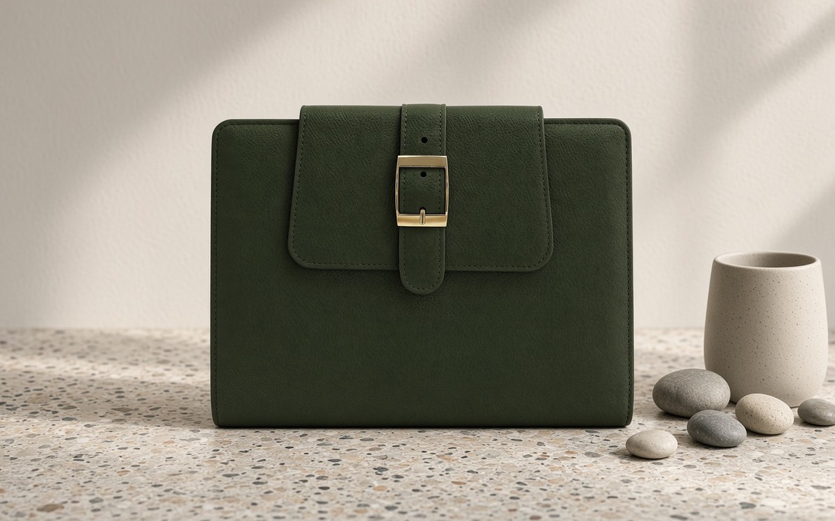 Open olive green EGOSUNNY planner on a terrazzo desk beside a row of pebbles