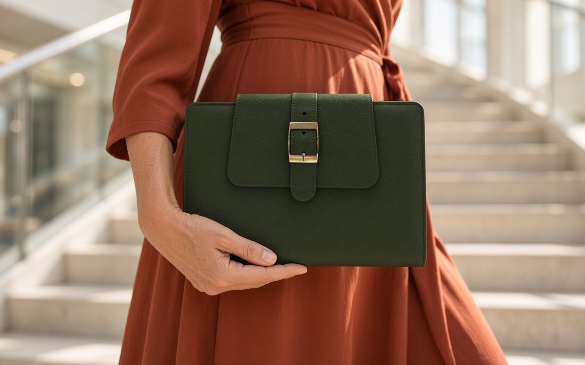 Woman carrying an olive green EGOSUNNY planner up a sunlit staircase