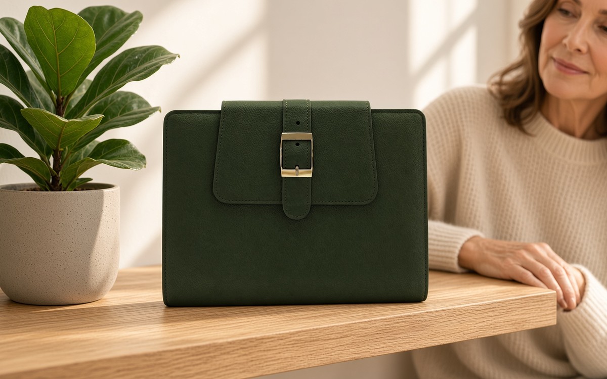 Olive green EGOSUNNY planner on a concrete ledge beside a fiddle-leaf fig